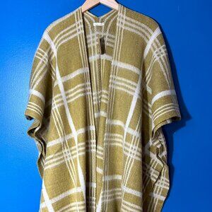 NWT Ellison+Young Mustard/Cream Plaid Sweater Open Front Poncho Fringe Hemline